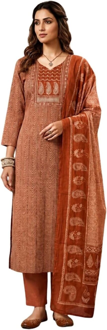 Cotton Printed Straight Kurta, Pant and Dupatta Set