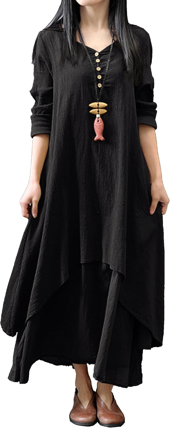 V-Neck Long Sleeve Loose Long Dress