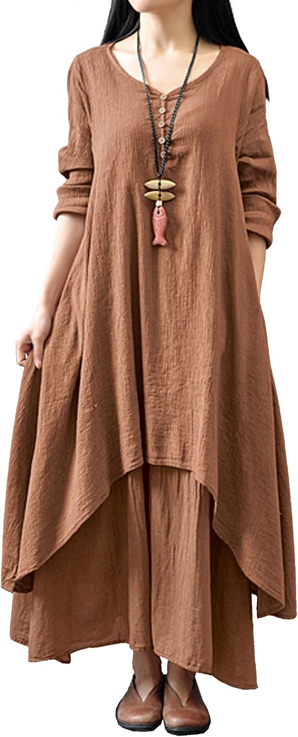 V-Neck Long Sleeve Loose Long Dress
