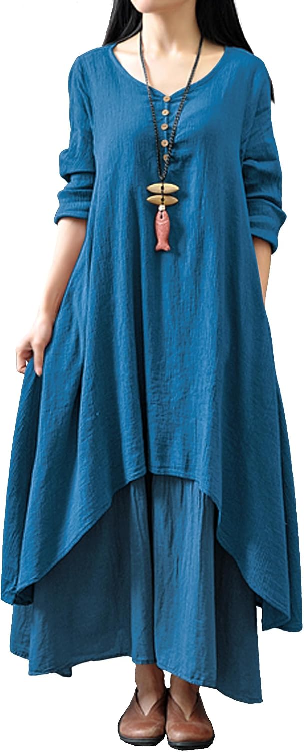 V-Neck Long Sleeve Loose Long Dress