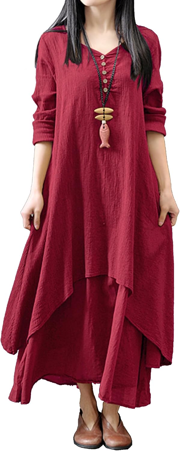 V-Neck Long Sleeve Loose Long Dress
