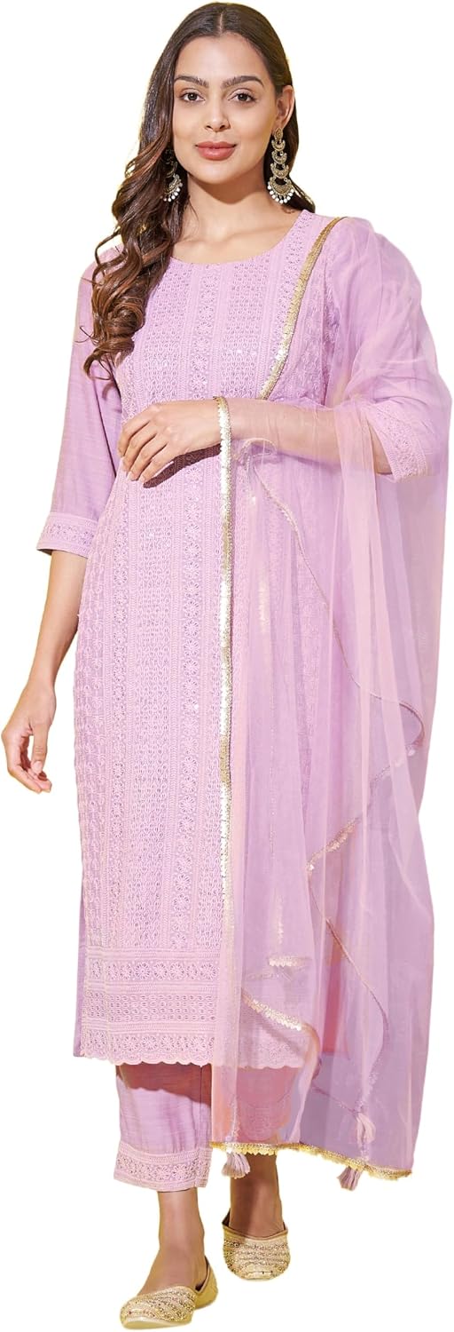Silk-Blend Chikankari Embroidered Kurta Set with Dupatta
