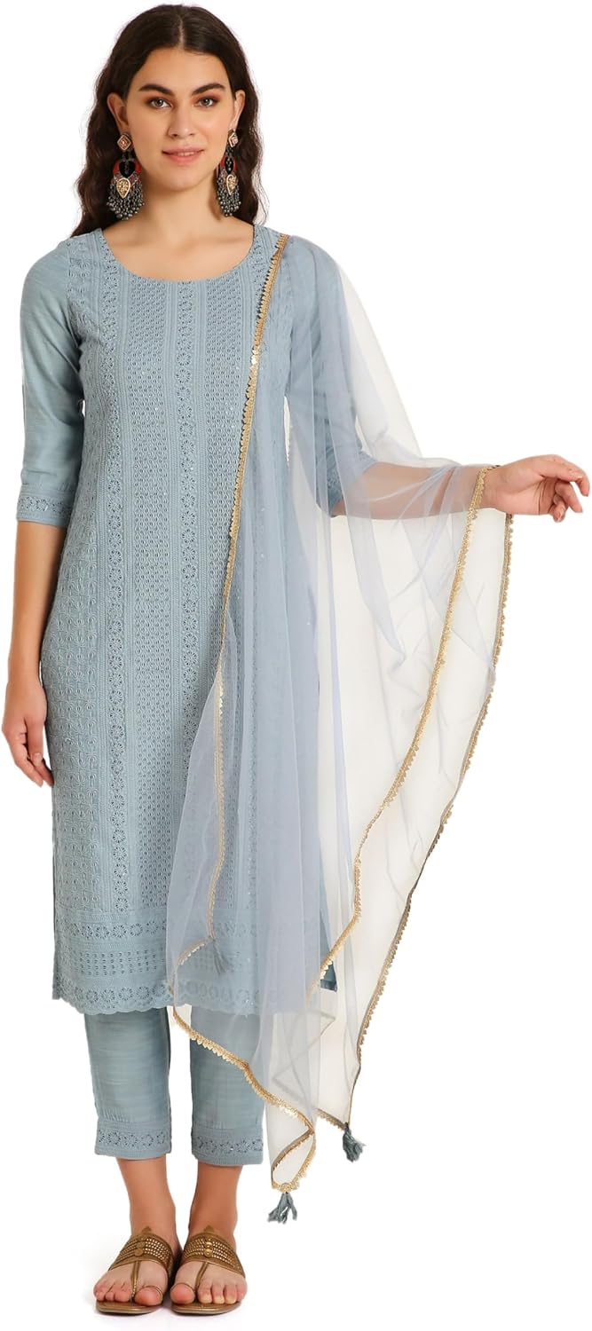 Silk-Blend Chikankari Embroidered Kurta Set with Dupatta