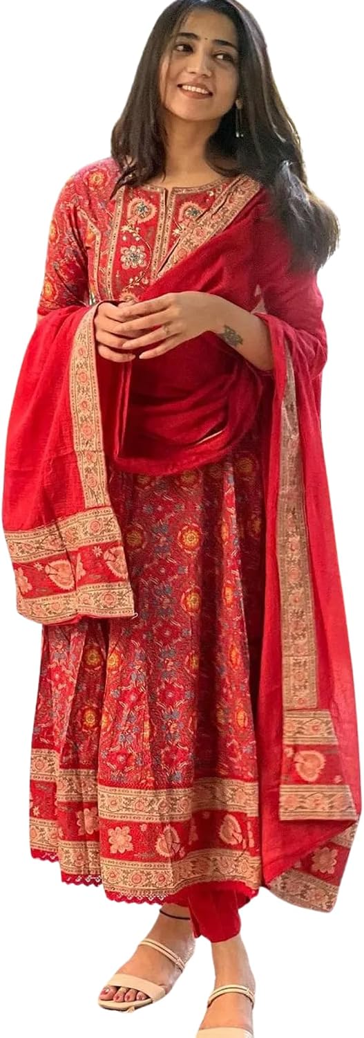 Cotton Anarkali Kurta Set with Dupatta and Pants