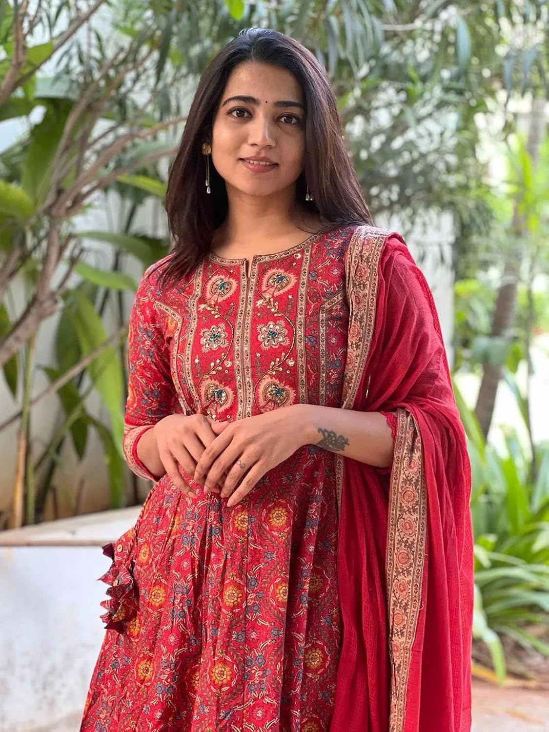 Cotton Anarkali Kurta Set with Dupatta and Pants
