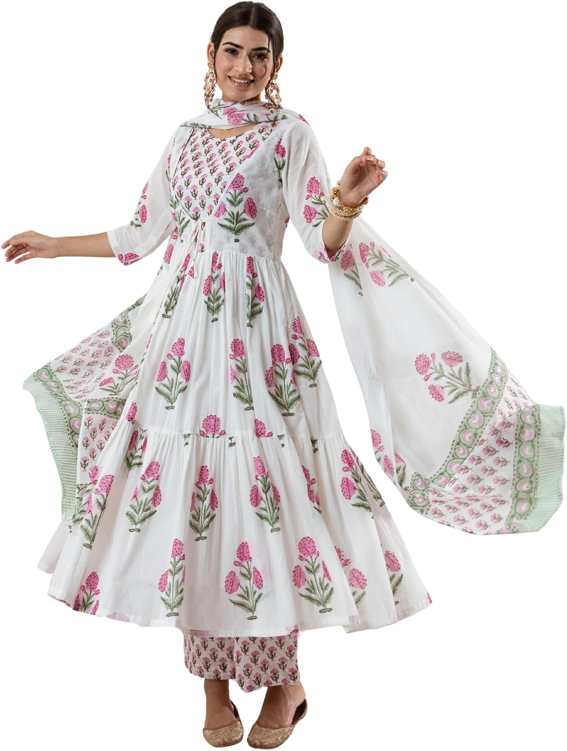 Cotton Anarkali Kurta Set with Dupatta and Pants
