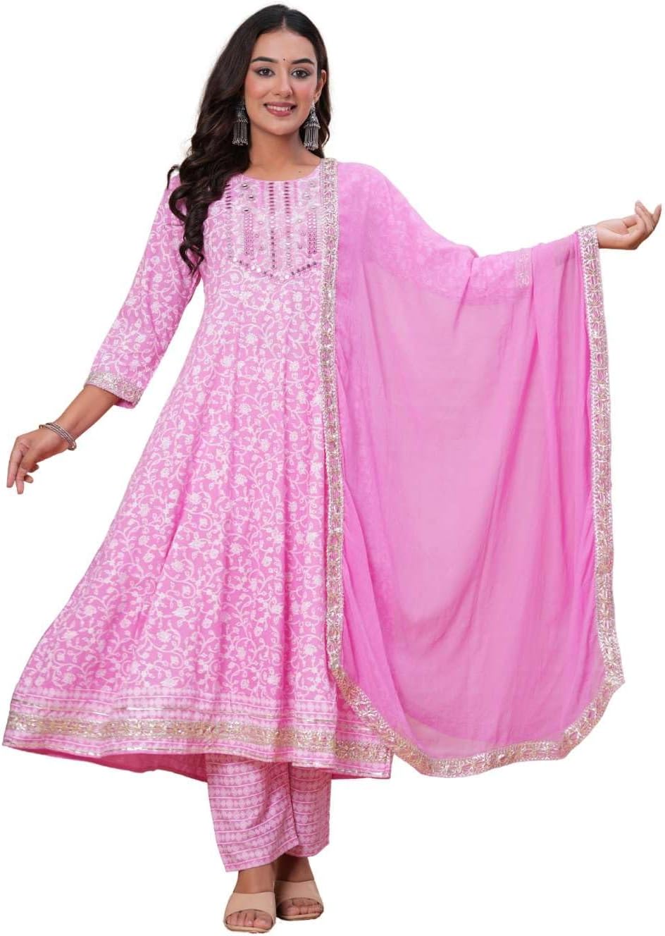Cotton Anarkali Kurta Set with Pant and Dupatta, Floral