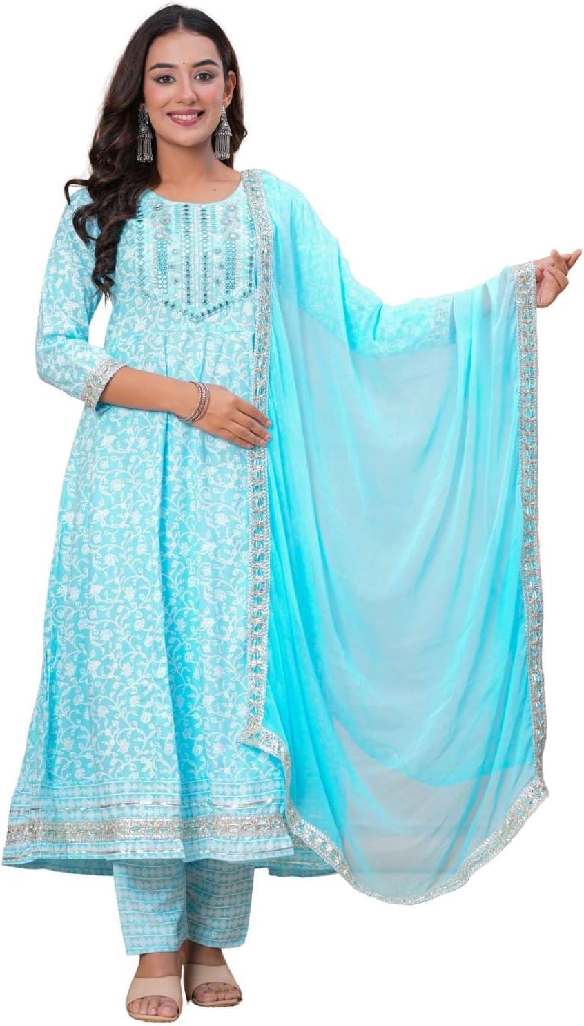 Cotton Anarkali Kurta Set with Pant and Dupatta, Floral