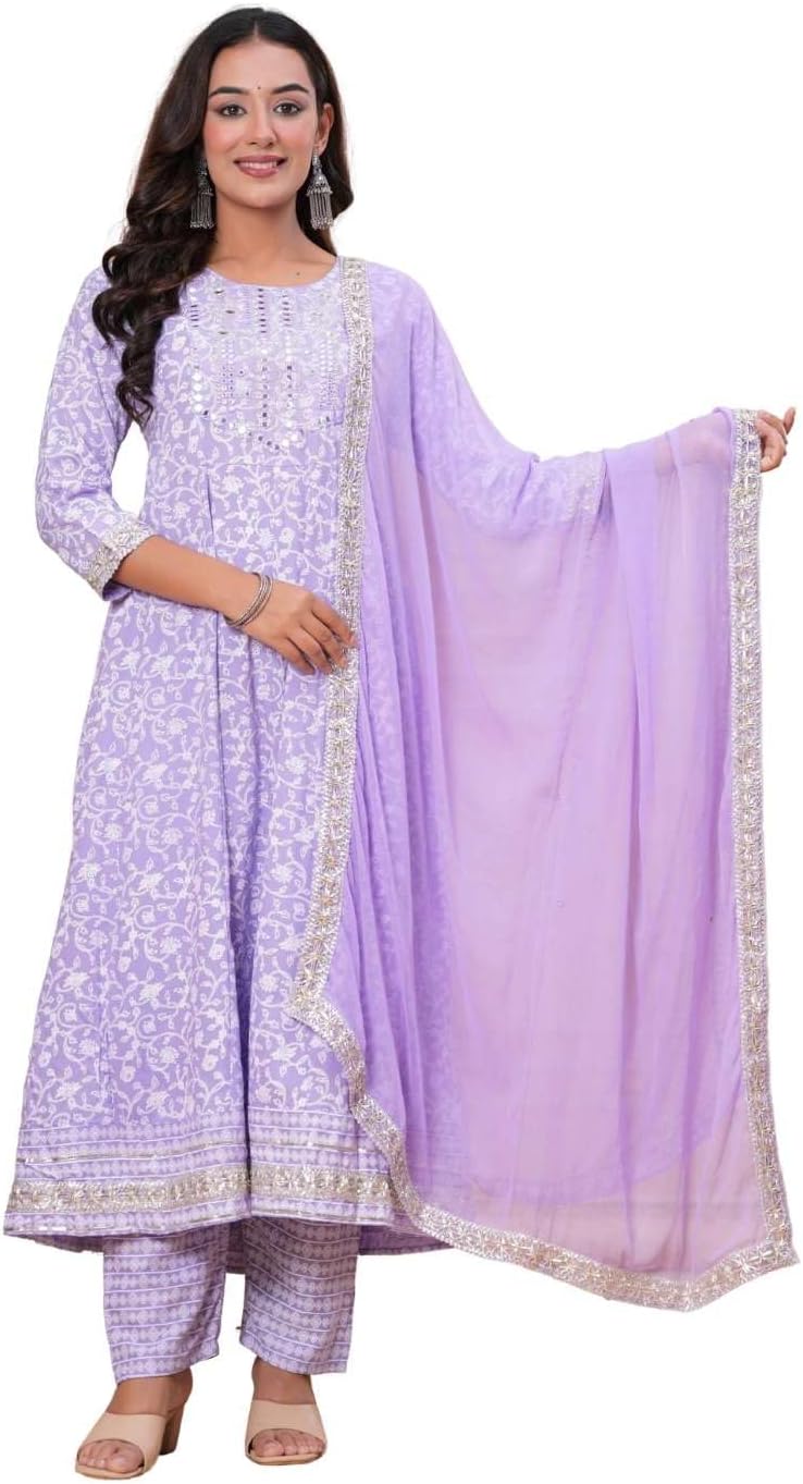Cotton Anarkali Kurta Set with Pant and Dupatta, Floral