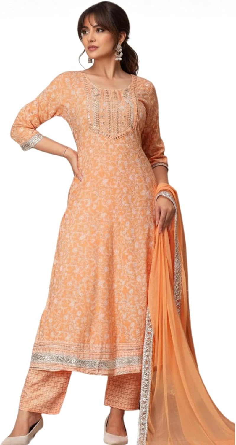 Cotton Anarkali Kurta Set with Pant and Dupatta, Floral