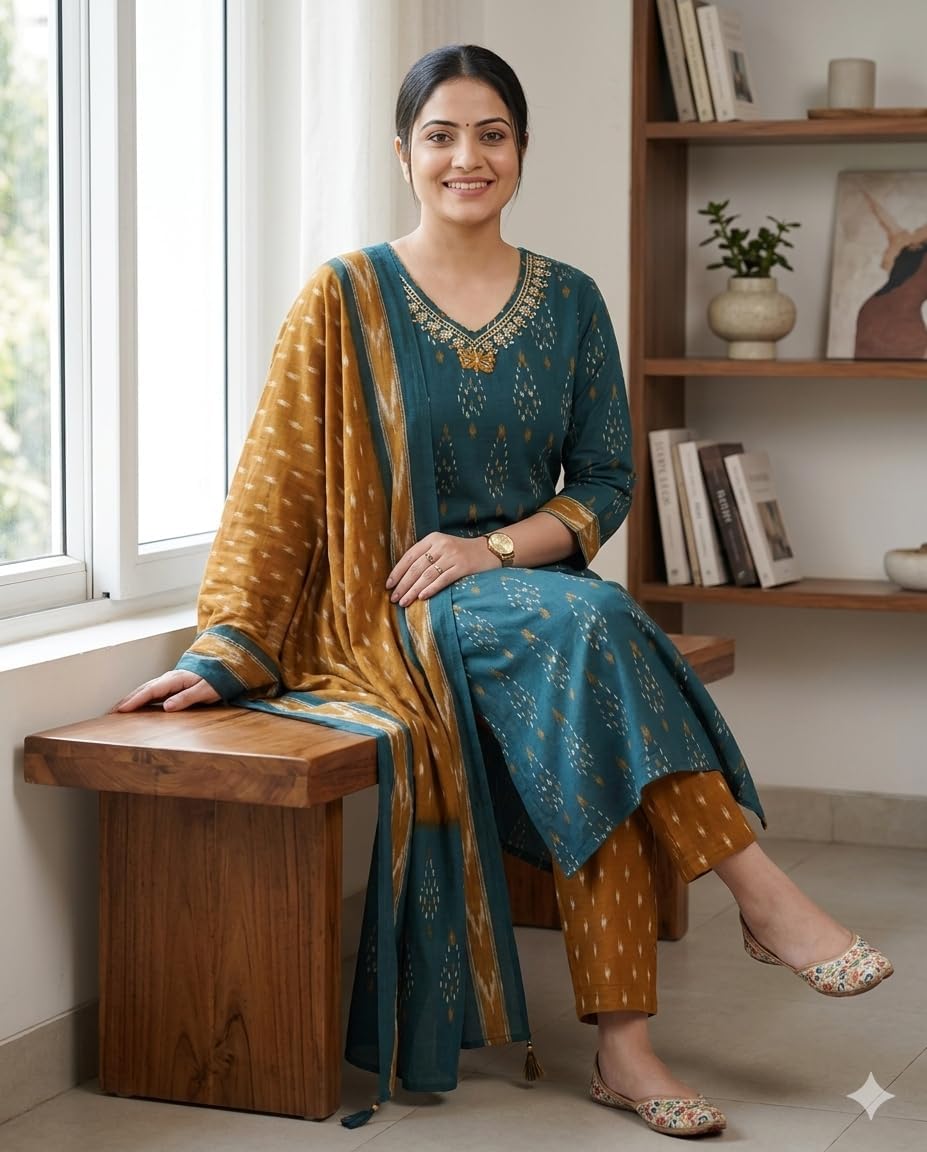 Cotton Straight Kurti with Pant and Dupatta