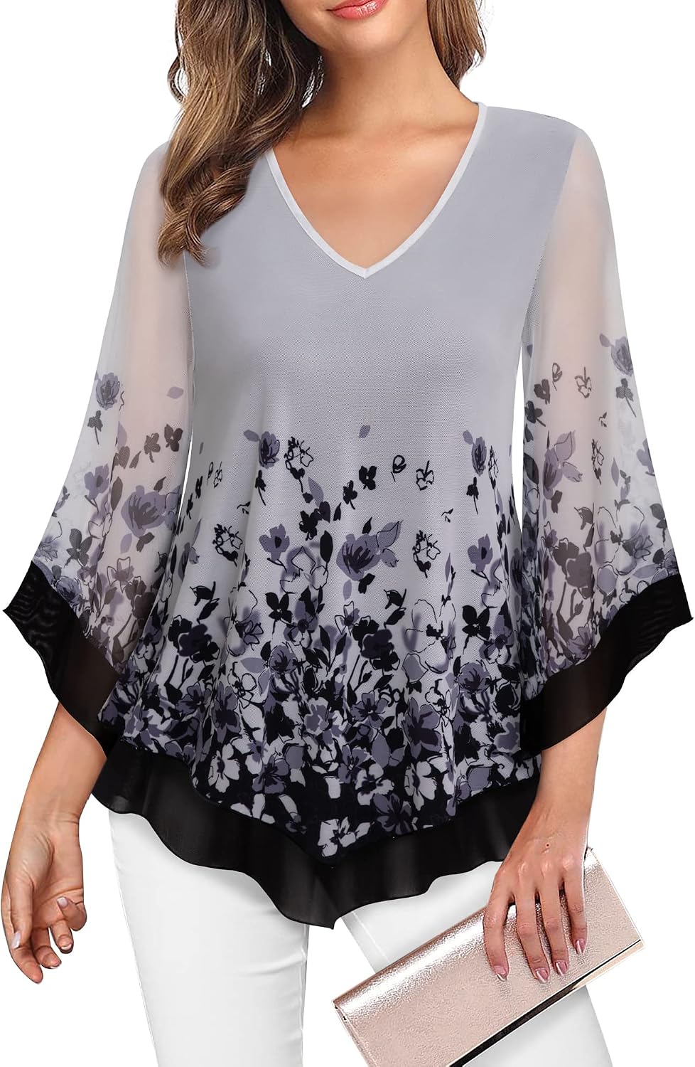 Double-Layer Mesh Blouse with Ruffled Flared Sleeves