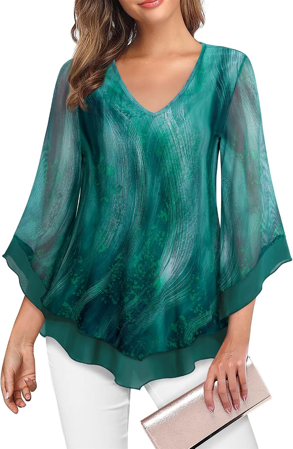 Double-Layer Mesh Blouse with Ruffled Flared Sleeves