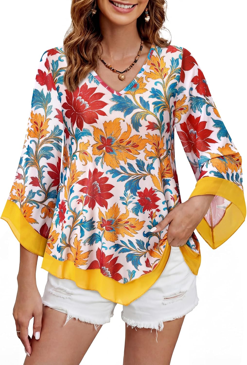 Double-Layer Mesh Blouse with Ruffled Flared Sleeves