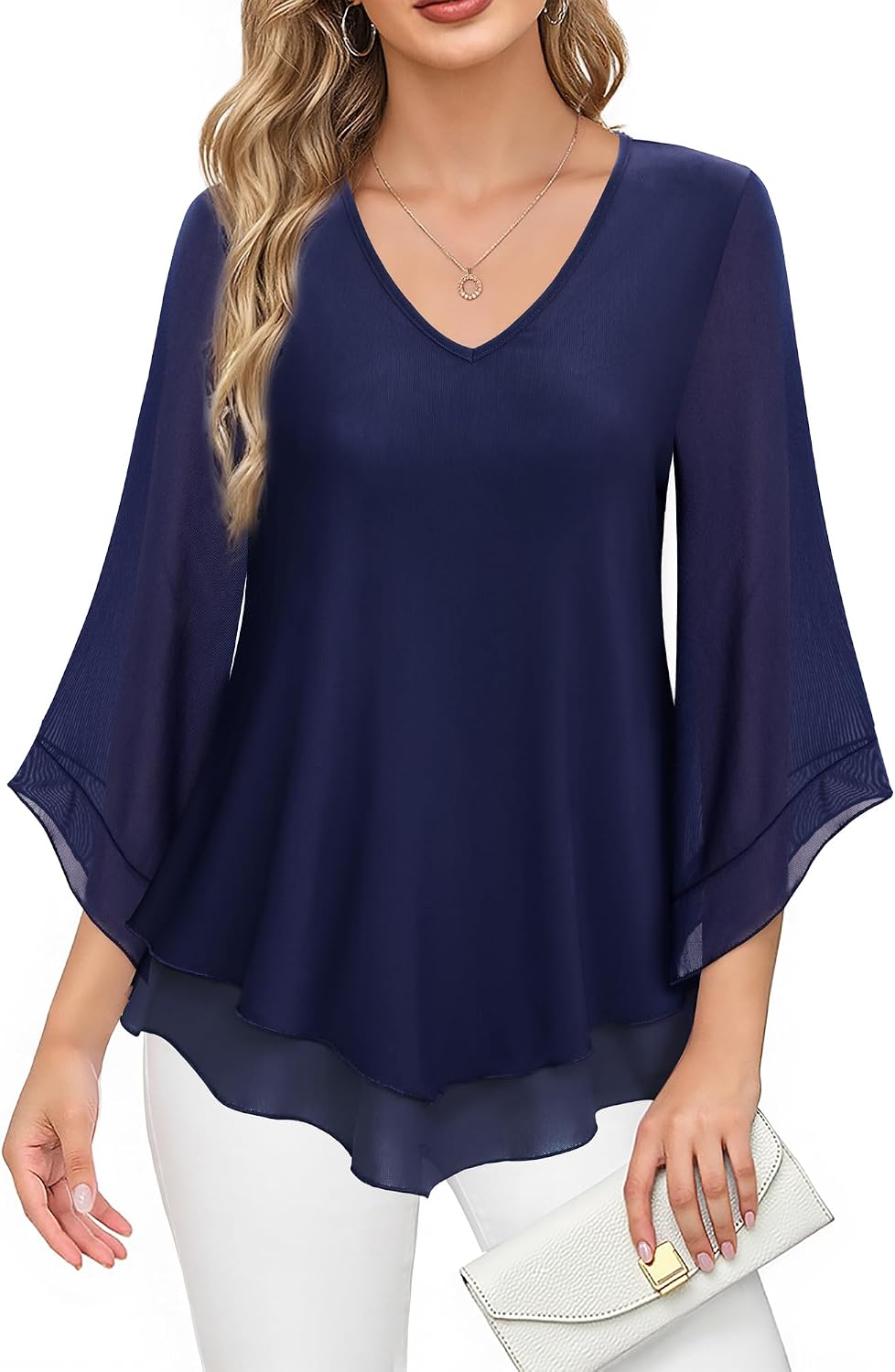 Double-Layer Mesh Blouse with Ruffled Flared Sleeves