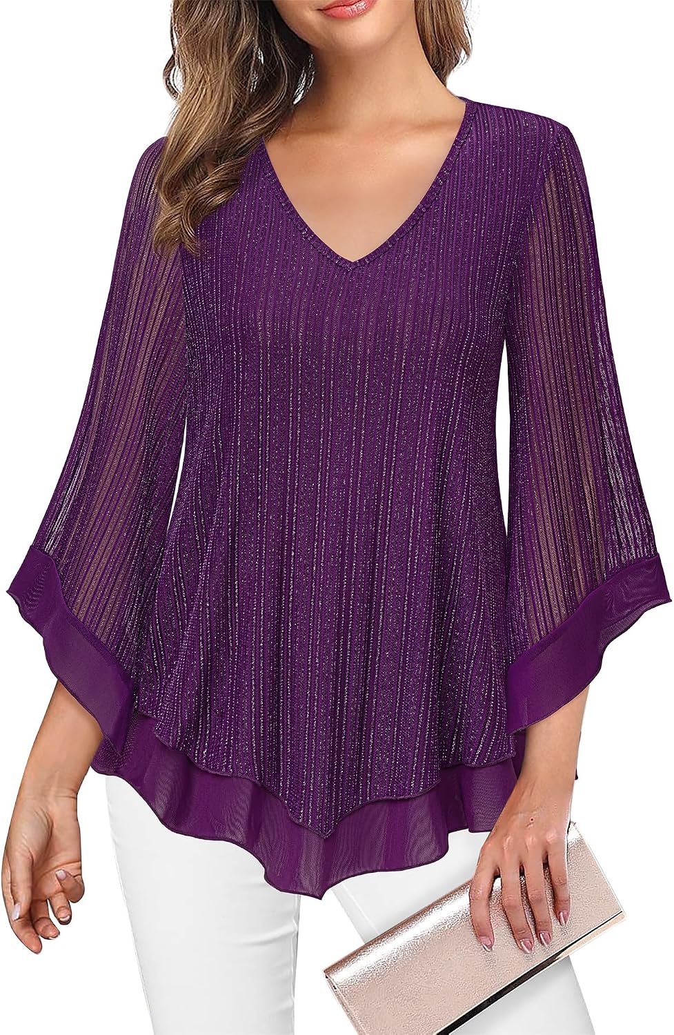 Double-Layer Mesh Blouse with Ruffled Flared Sleeves