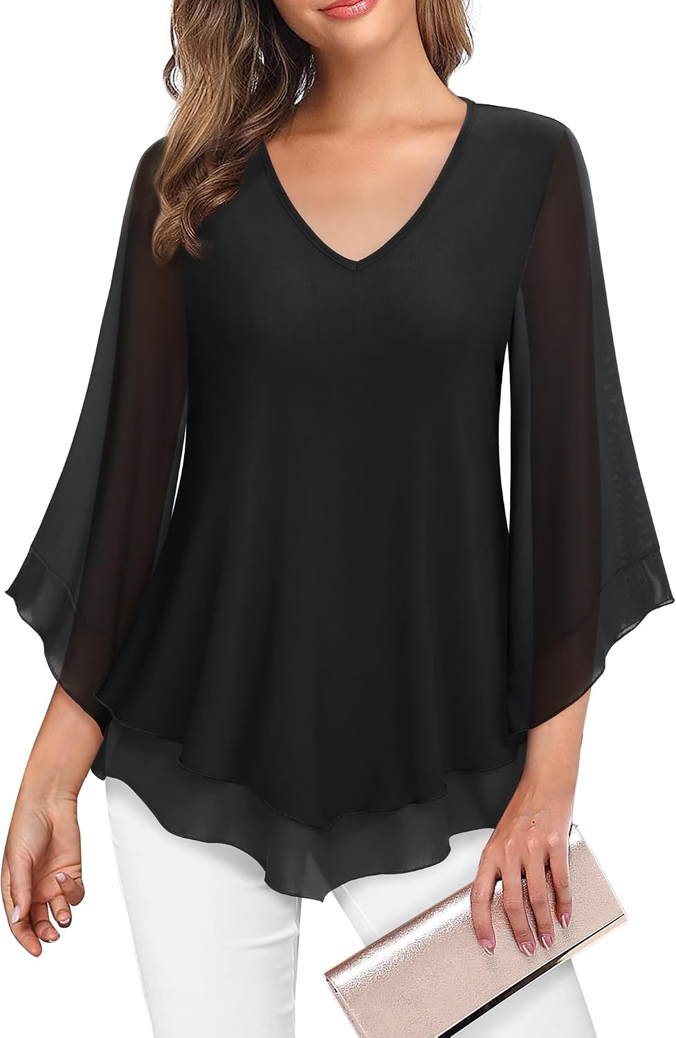 Double-Layer Mesh Blouse with Ruffled Flared Sleeves