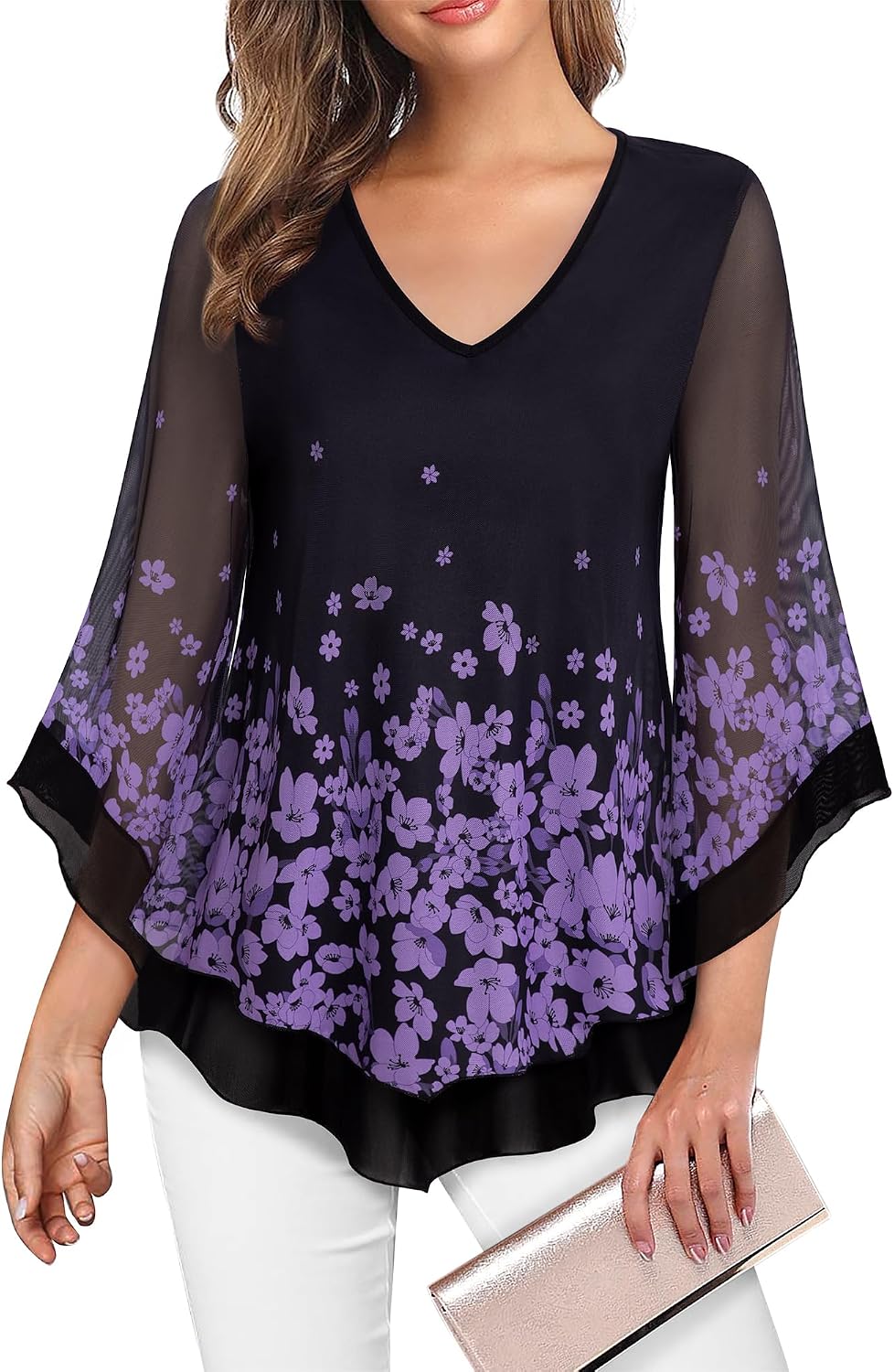 Double-Layer Mesh Blouse with Ruffled Flared Sleeves