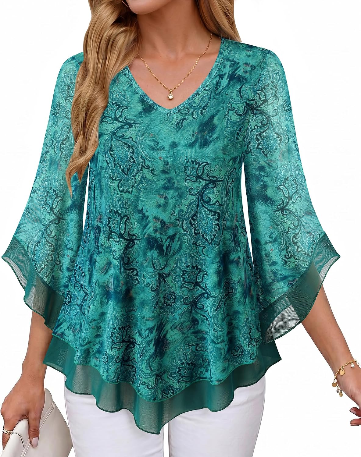 Double-Layer Mesh Blouse with Ruffled Flared Sleeves