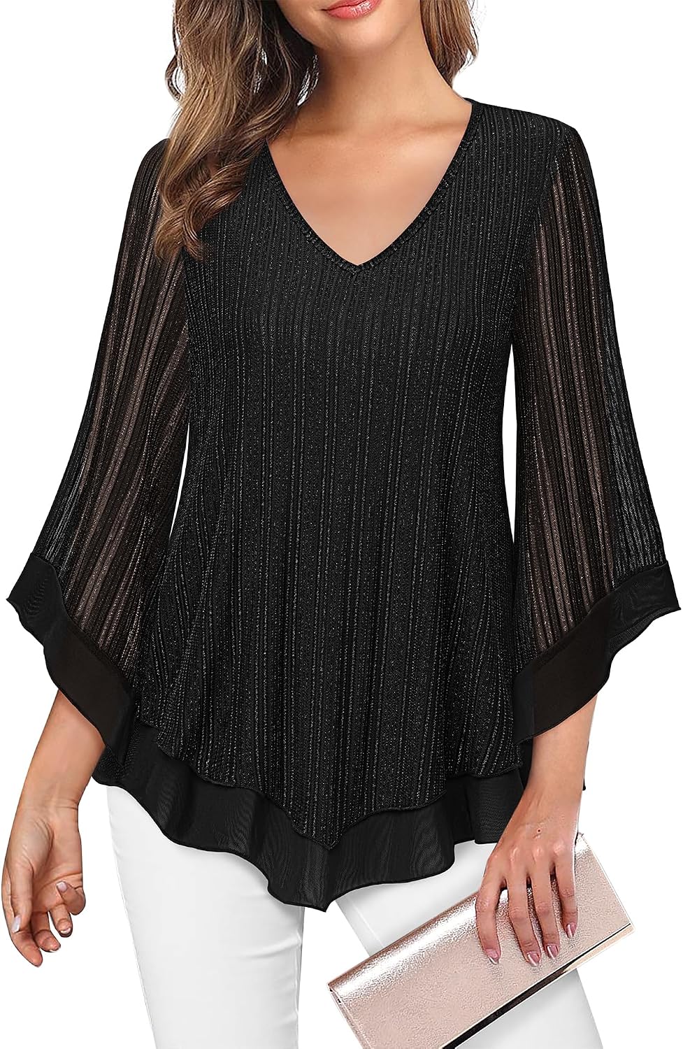 Double-Layer Mesh Blouse with Ruffled Flared Sleeves