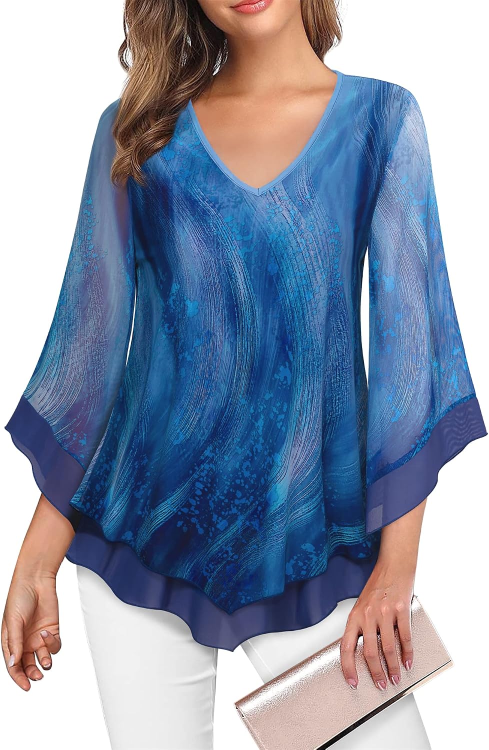 Double-Layer Mesh Blouse with Ruffled Flared Sleeves