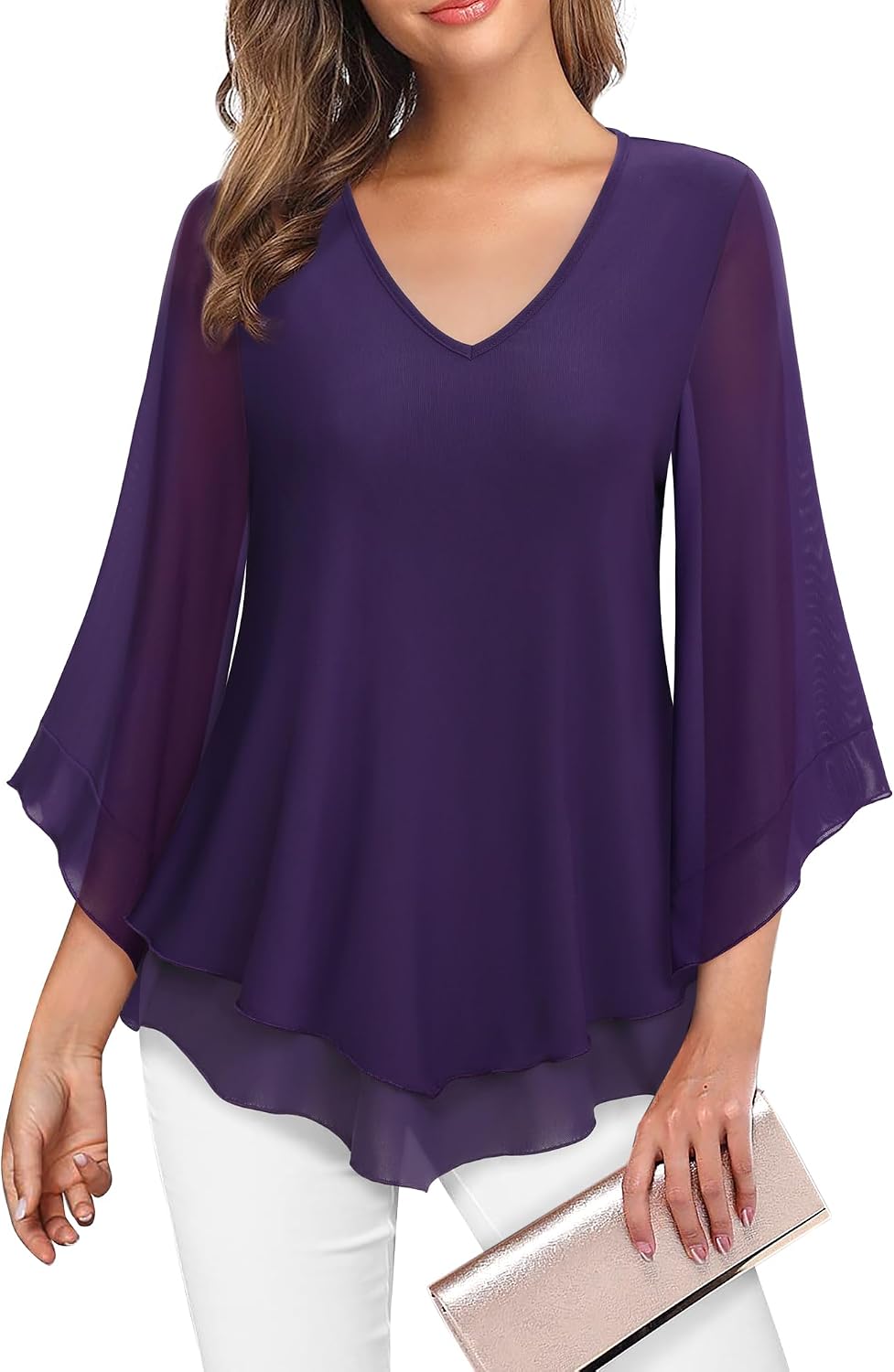 Double-Layer Mesh Blouse with Ruffled Flared Sleeves