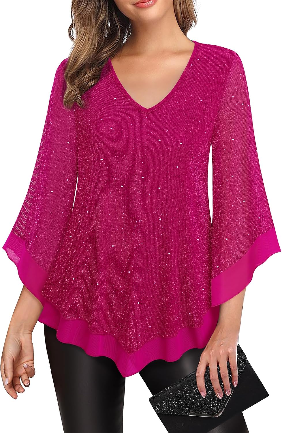 Double-Layer Mesh Blouse with Ruffled Flared Sleeves