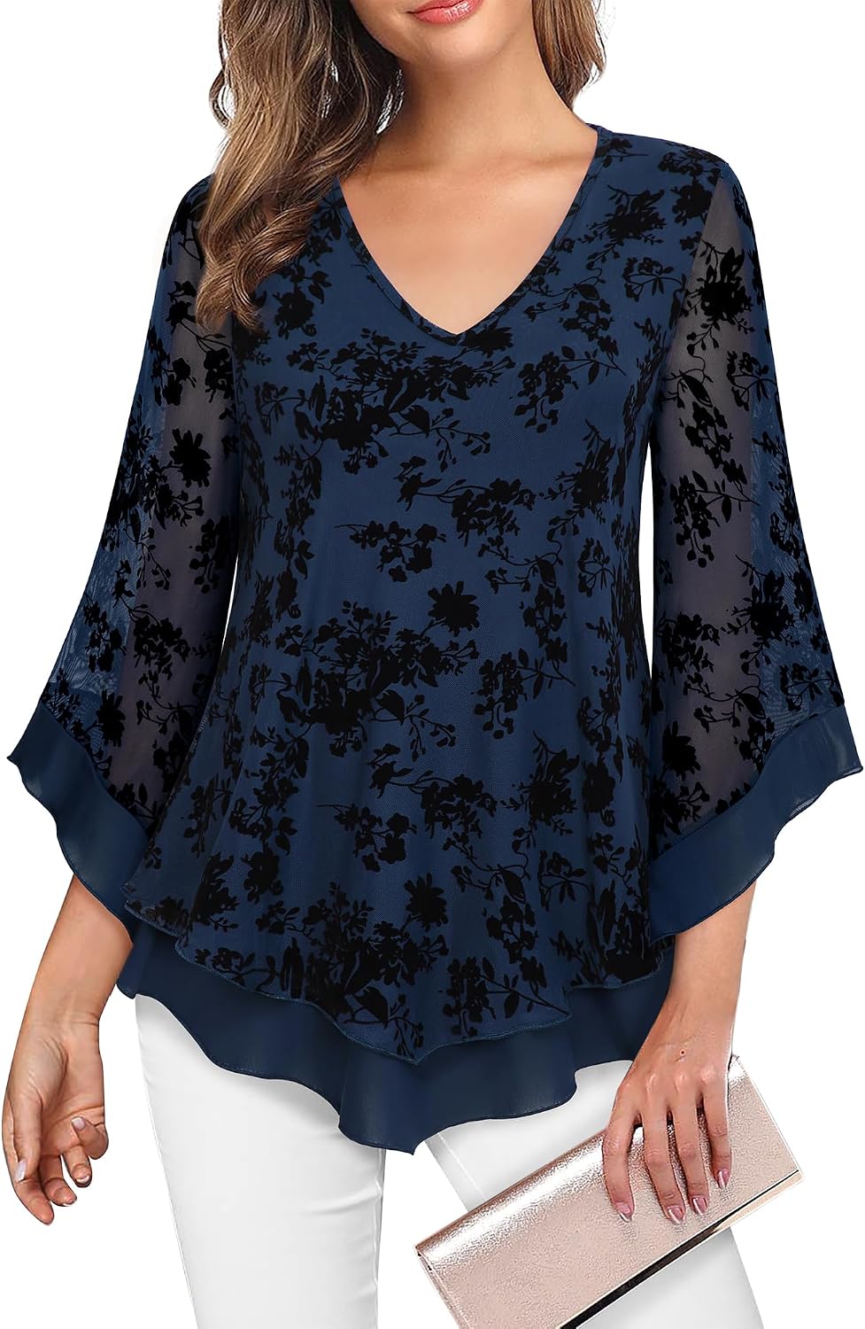 Double-Layer Mesh Blouse with Ruffled Flared Sleeves