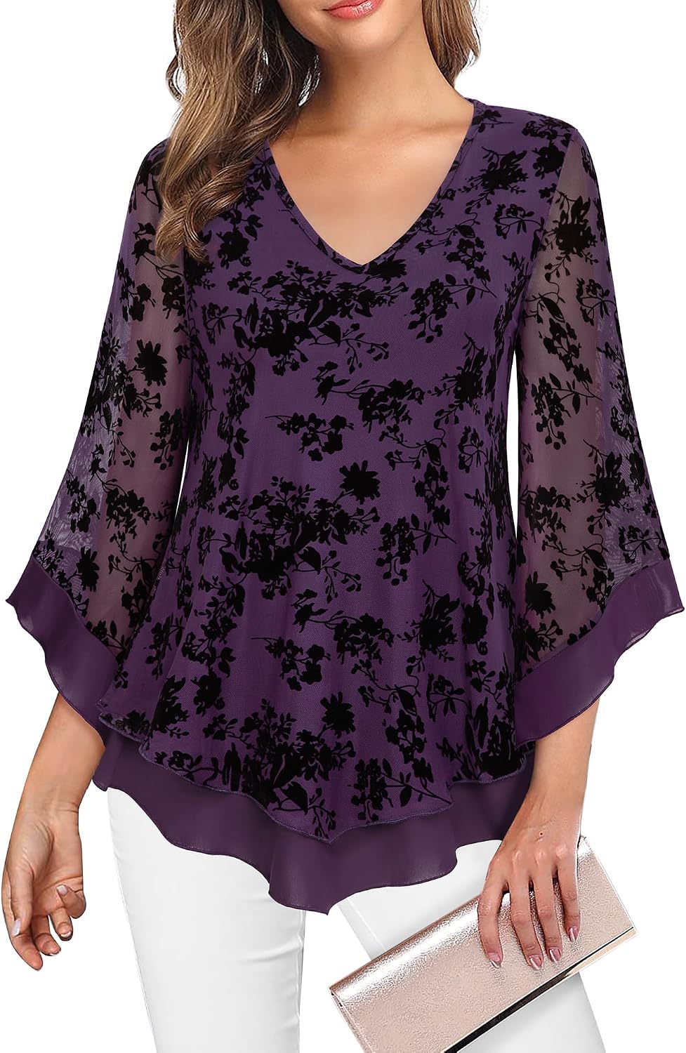 Double-Layer Mesh Blouse with Ruffled Flared Sleeves