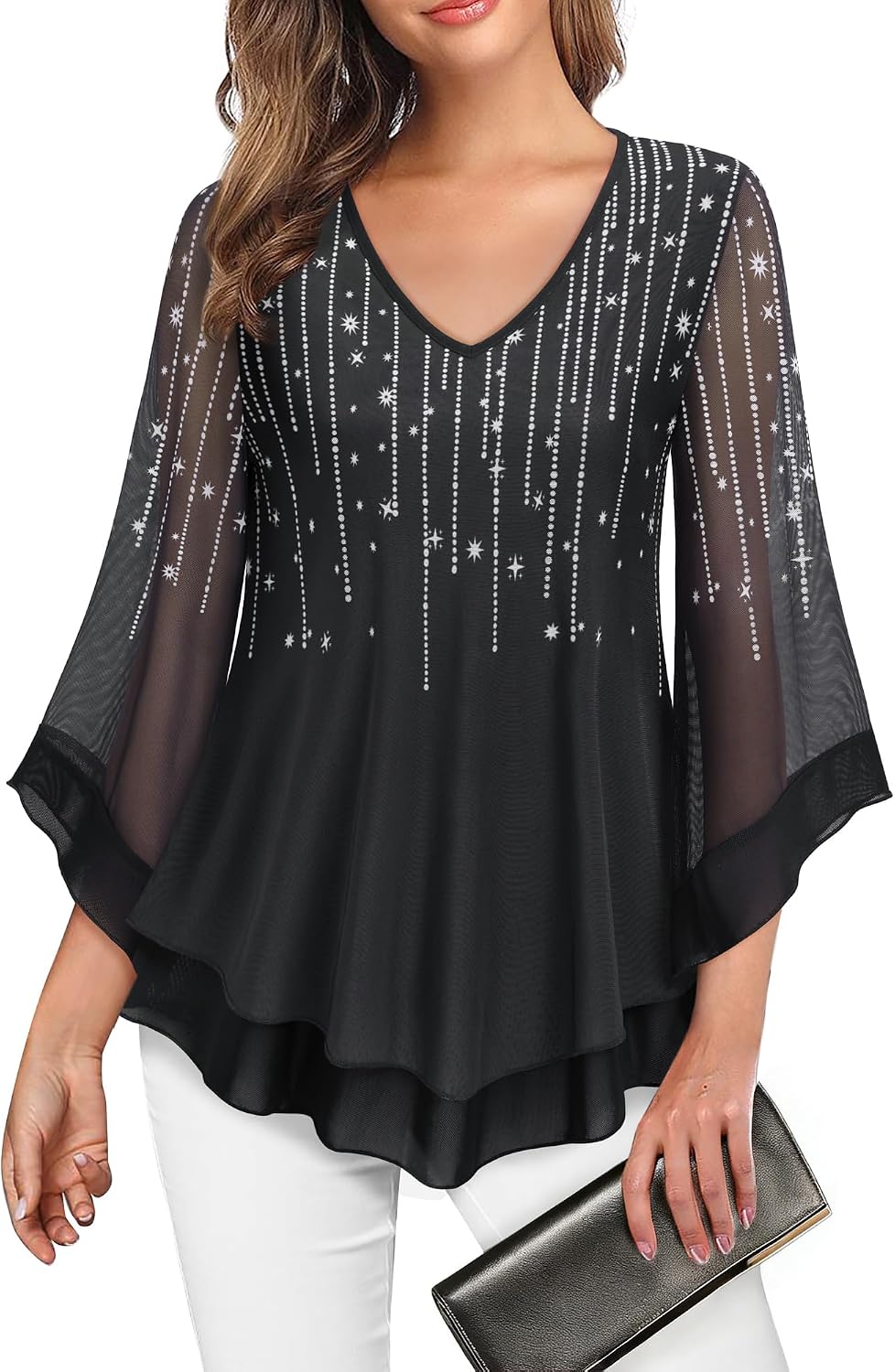 Double-Layer Mesh Blouse with Ruffled Flared Sleeves