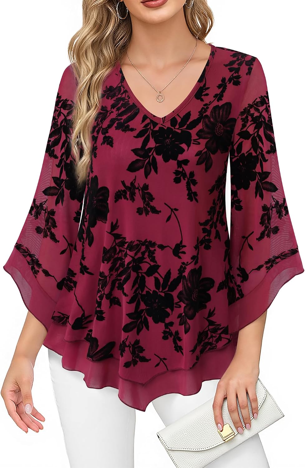 Double-Layer Mesh Blouse with Ruffled Flared Sleeves