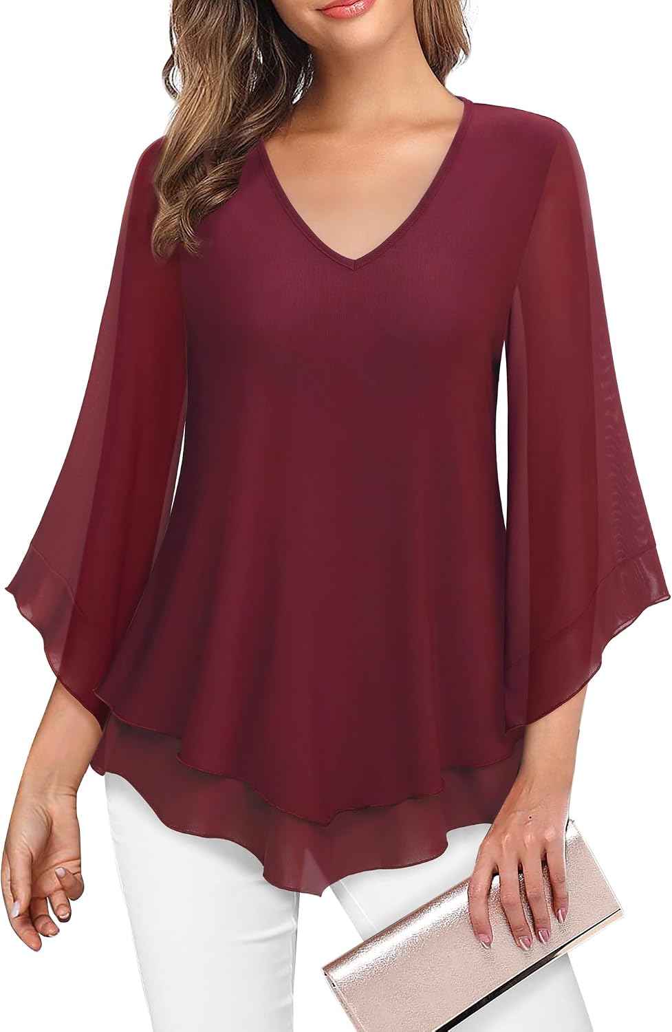 Double-Layer Mesh Blouse with Ruffled Flared Sleeves