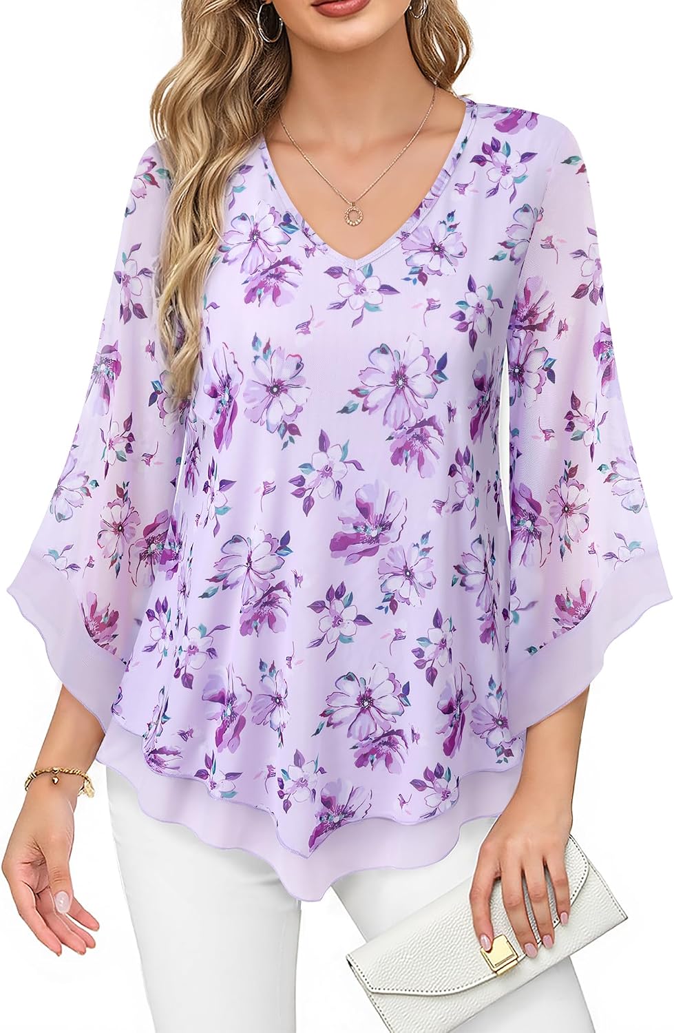 Double-Layer Mesh Blouse with Ruffled Flared Sleeves