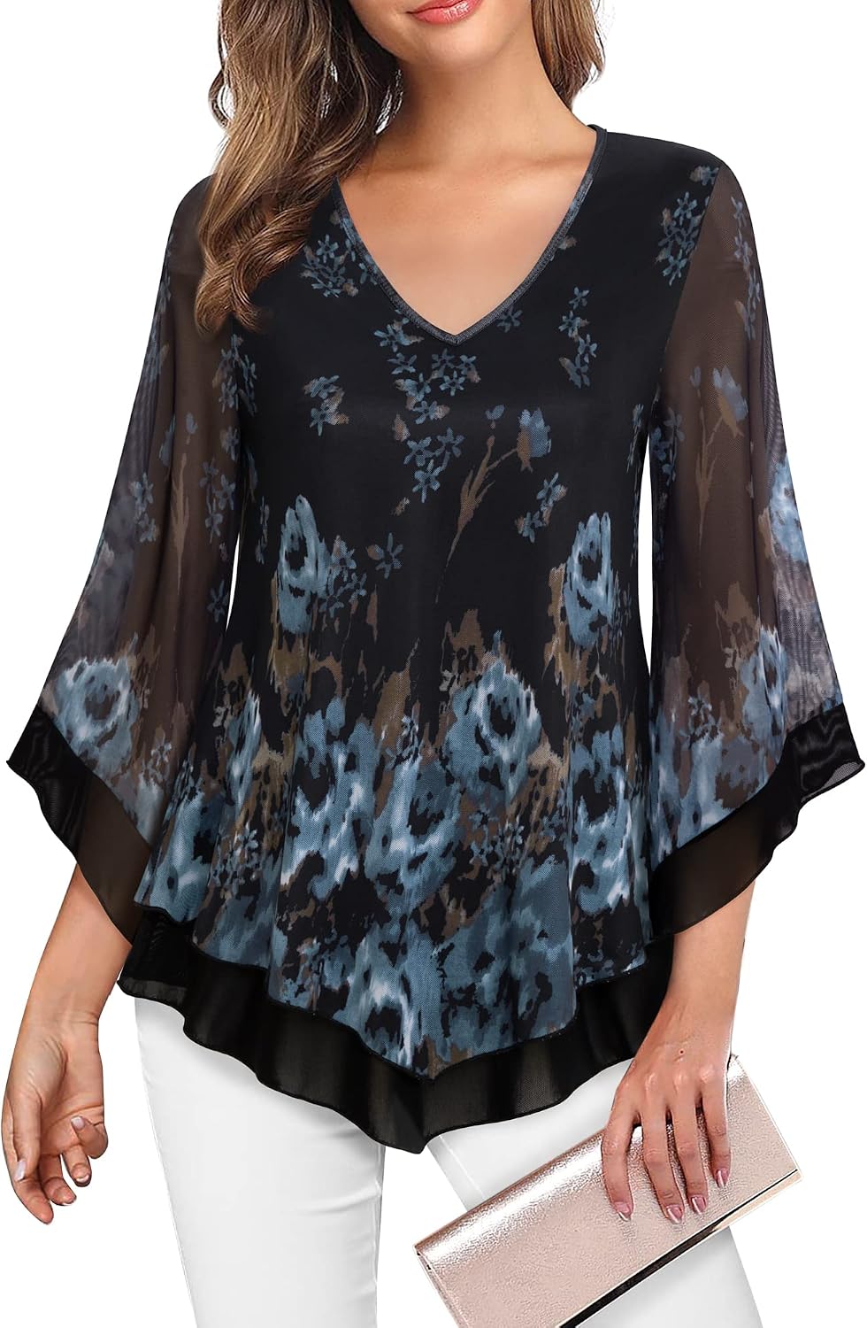 Double-Layer Mesh Blouse with Ruffled Flared Sleeves