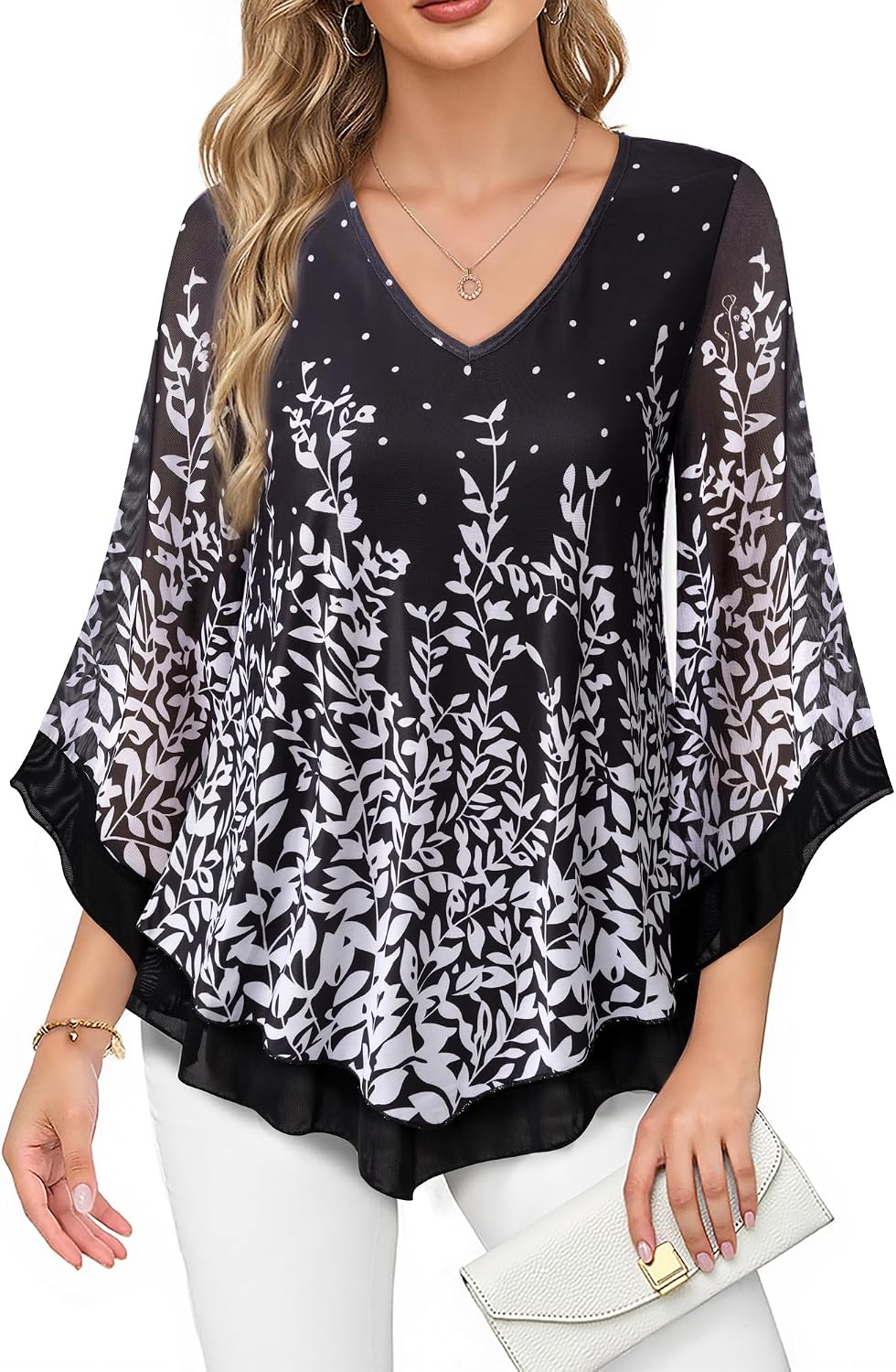 Double-Layer Mesh Blouse with Ruffled Flared Sleeves