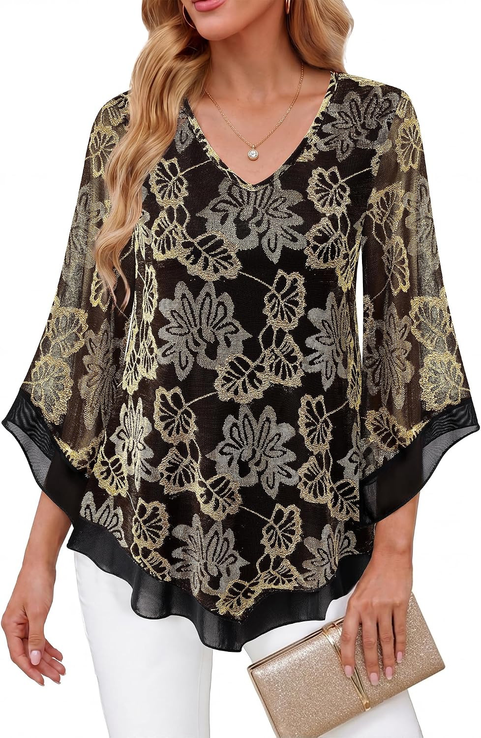 Double-Layer Mesh Blouse with Ruffled Flared Sleeves
