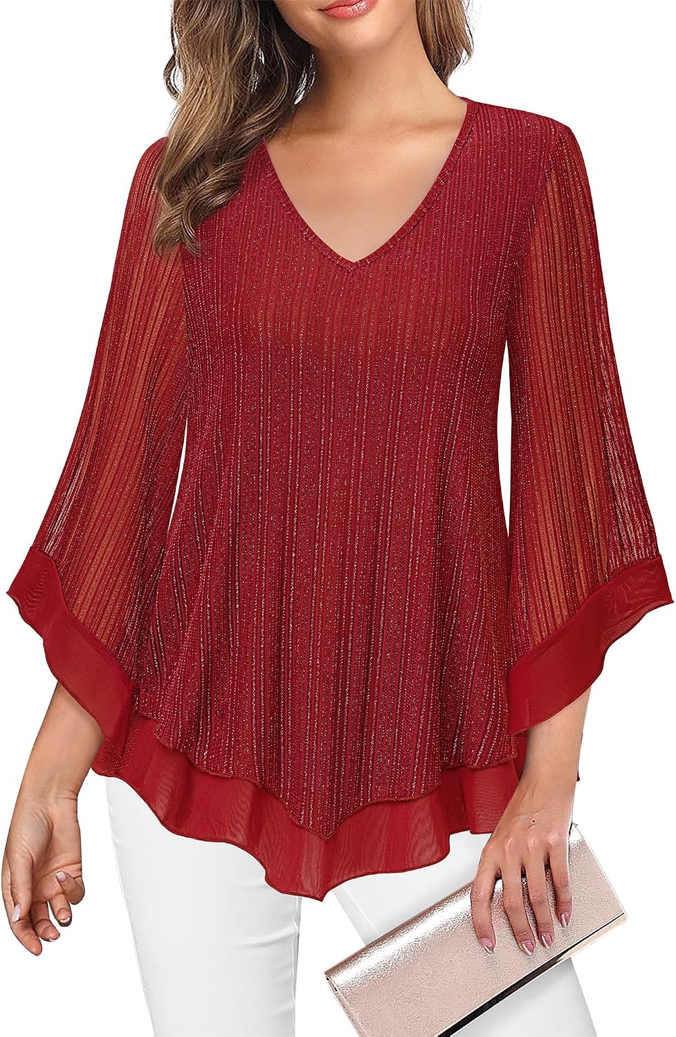 Double-Layer Mesh Blouse with Ruffled Flared Sleeves