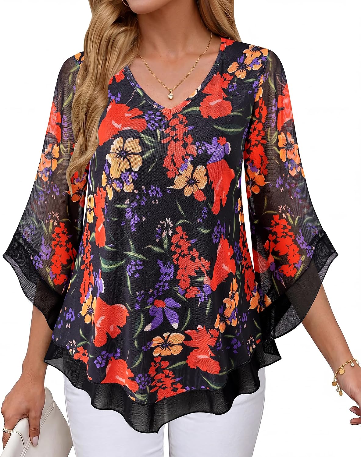 Double-Layer Mesh Blouse with Ruffled Flared Sleeves
