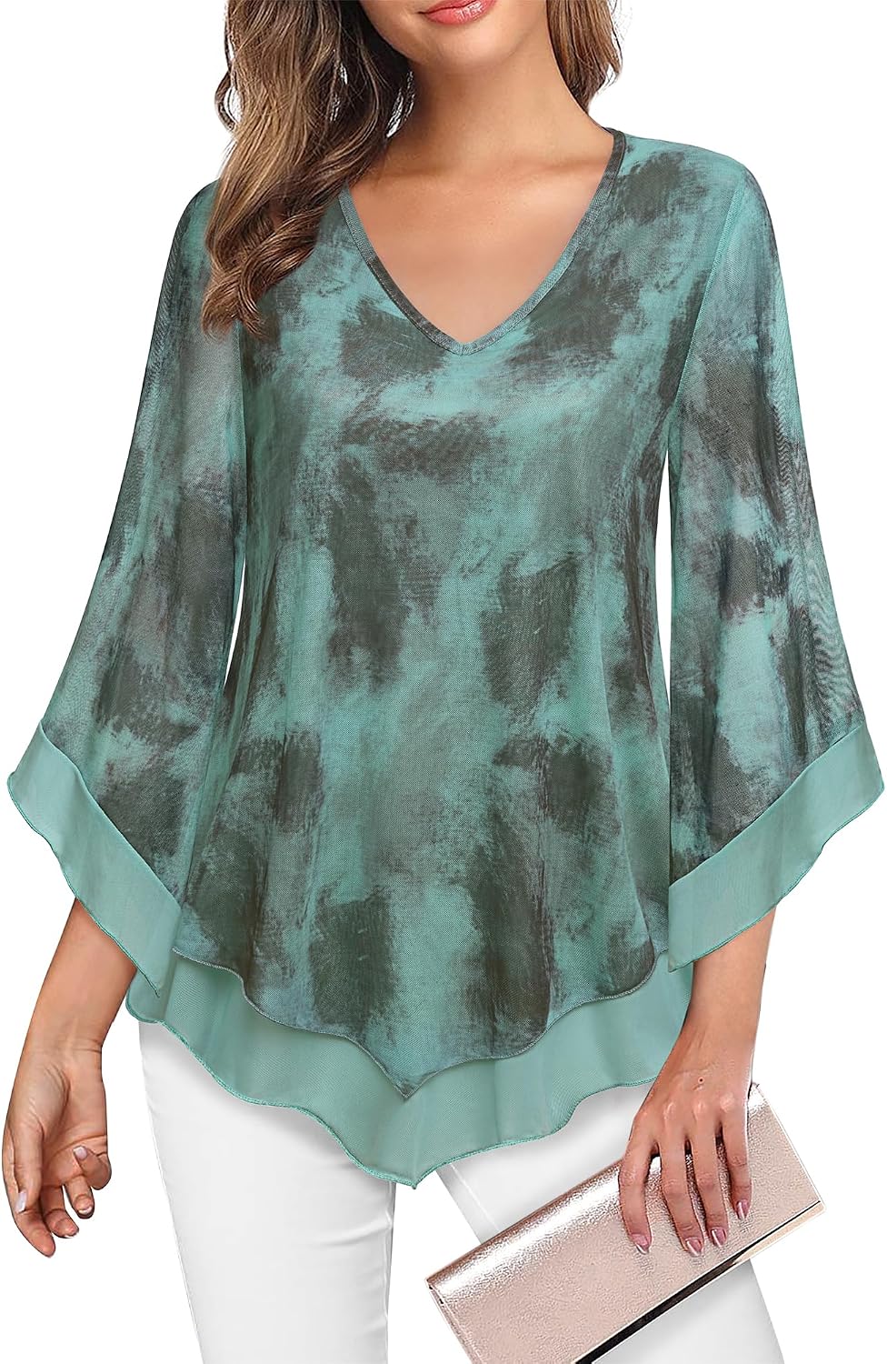 Double-Layer Mesh Blouse with Ruffled Flared Sleeves