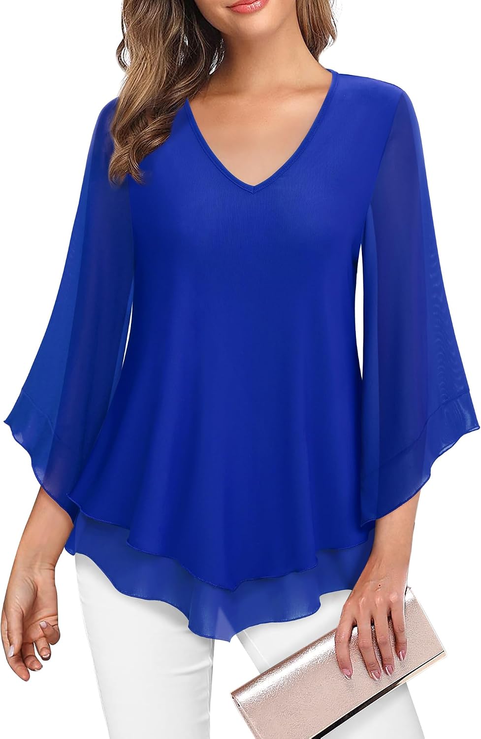 Double-Layer Mesh Blouse with Ruffled Flared Sleeves