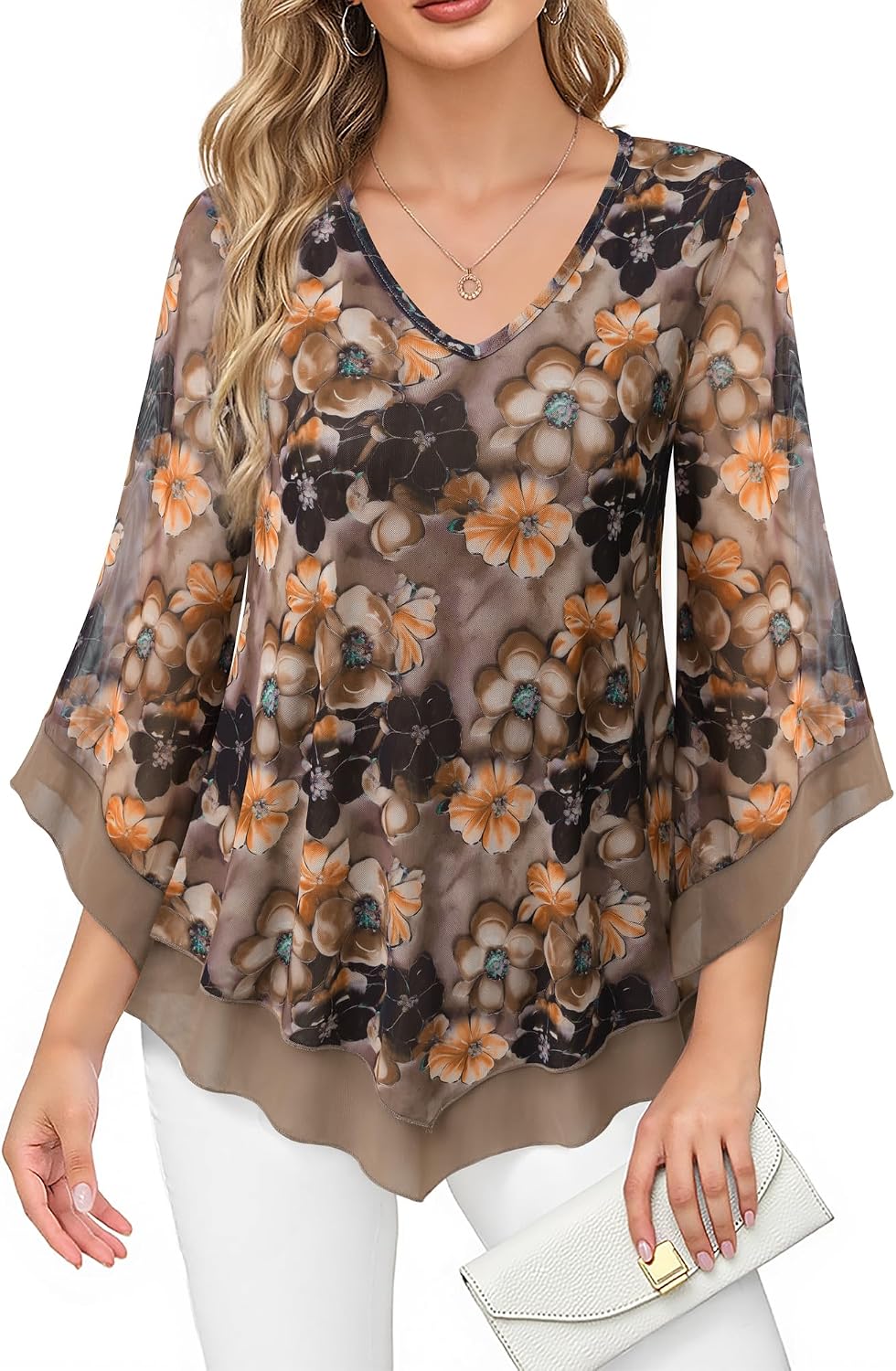 Double-Layer Mesh Blouse with Ruffled Flared Sleeves
