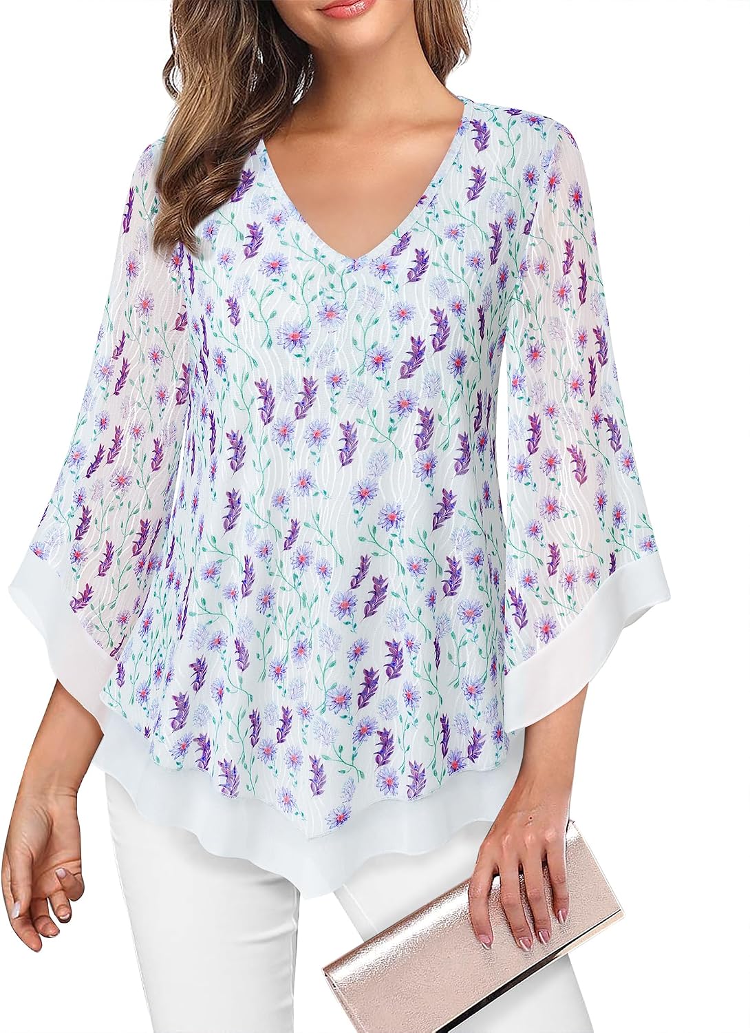 Double-Layer Mesh Blouse with Ruffled Flared Sleeves