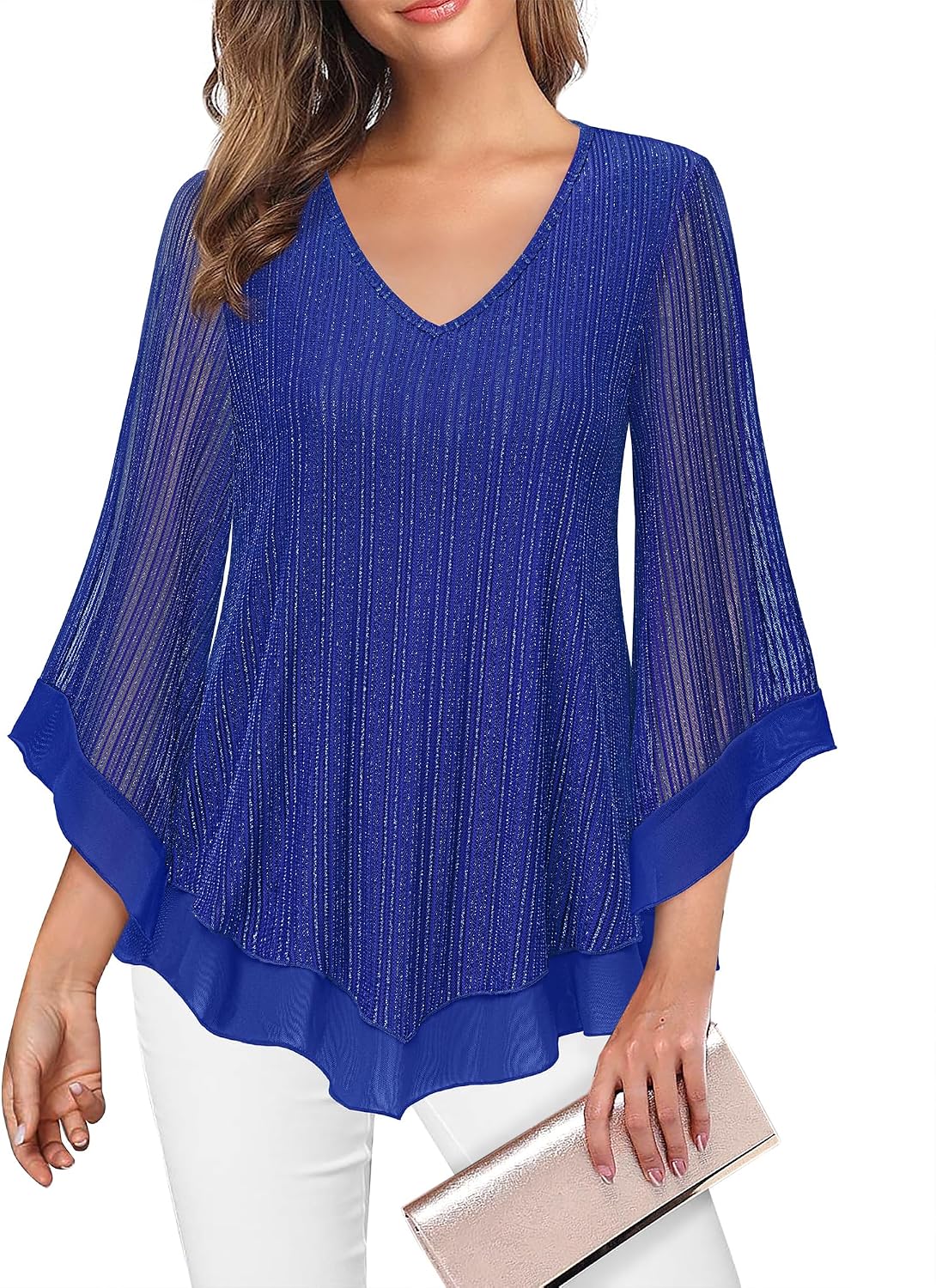 Double-Layer Mesh Blouse with Ruffled Flared Sleeves