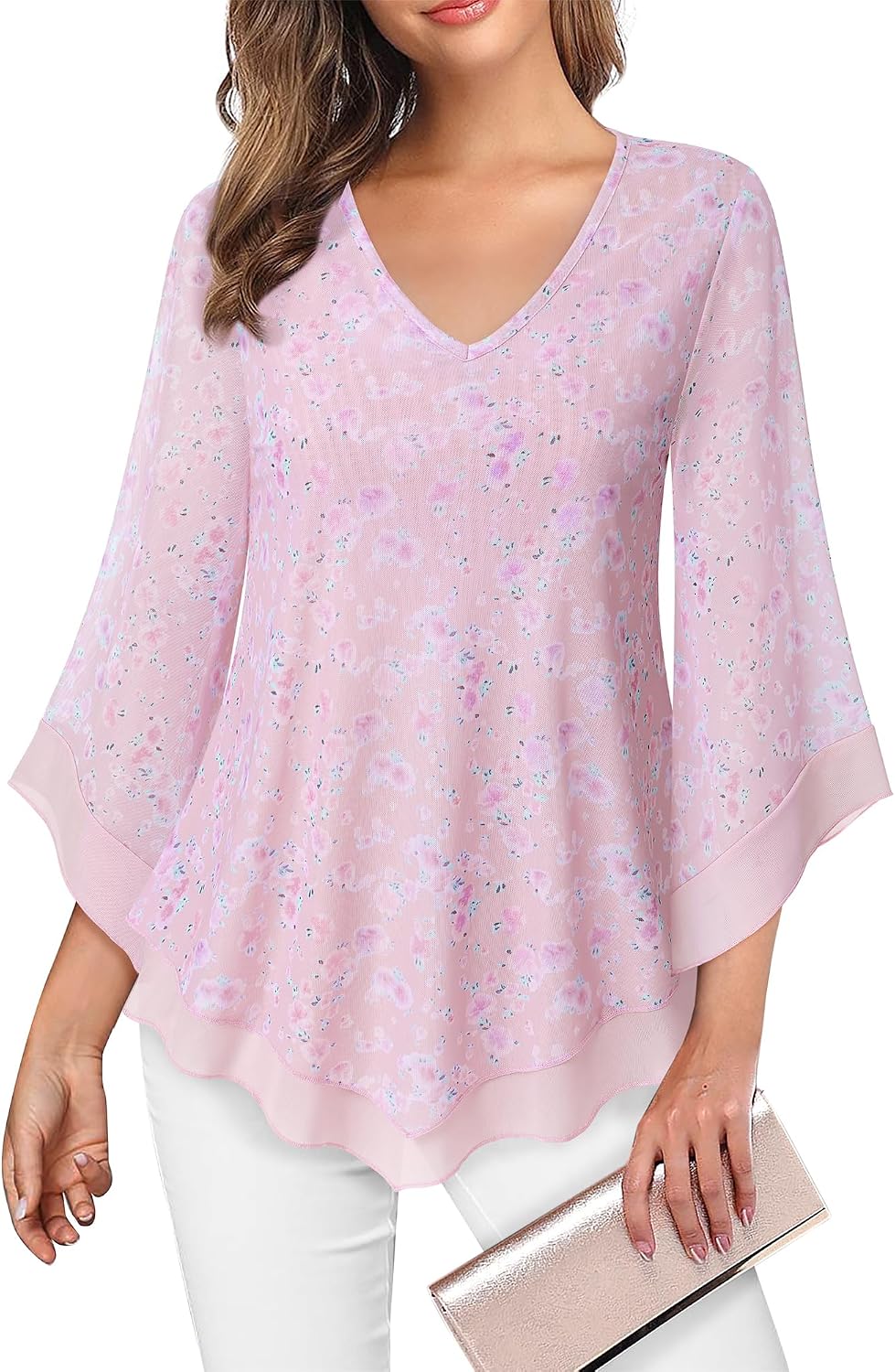 Double-Layer Mesh Blouse with Ruffled Flared Sleeves