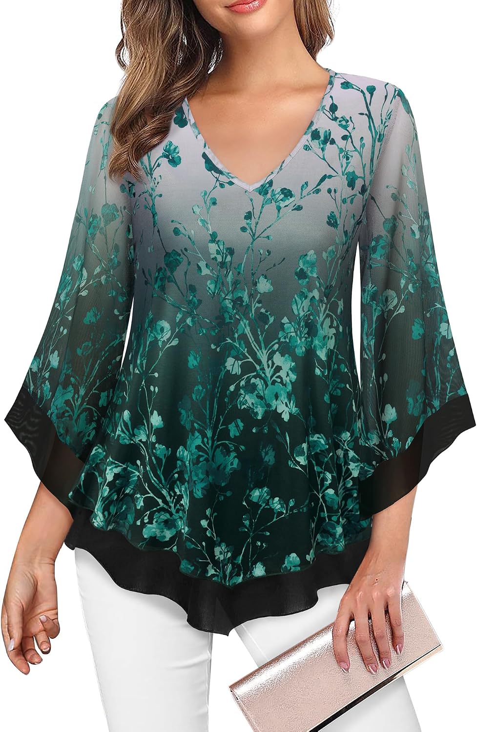 Double-Layer Mesh Blouse with Ruffled Flared Sleeves