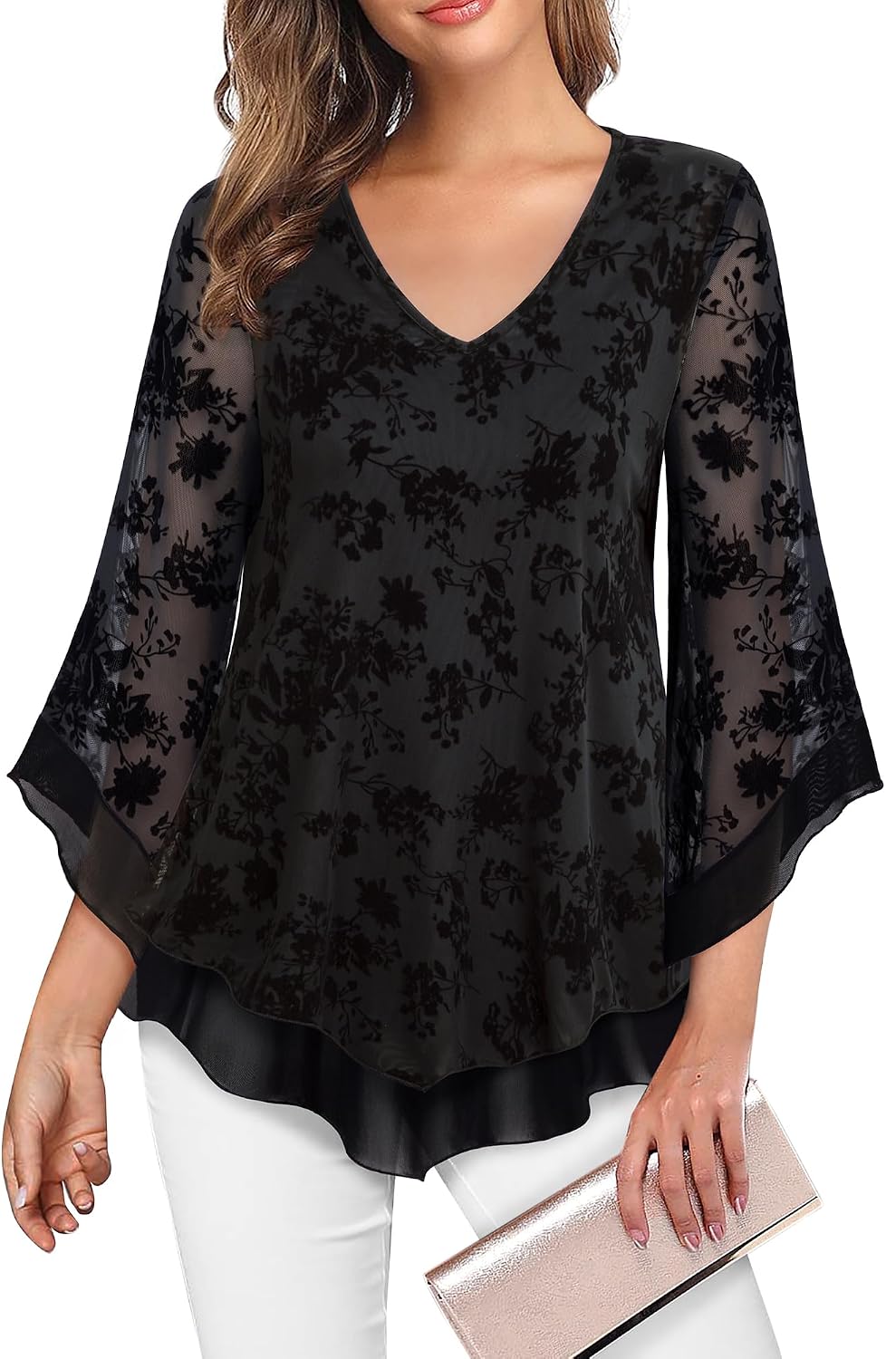 Double-Layer Mesh Blouse with Ruffled Flared Sleeves