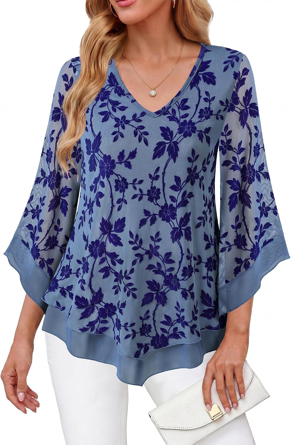 Double-Layer Mesh Blouse with Ruffled Flared Sleeves