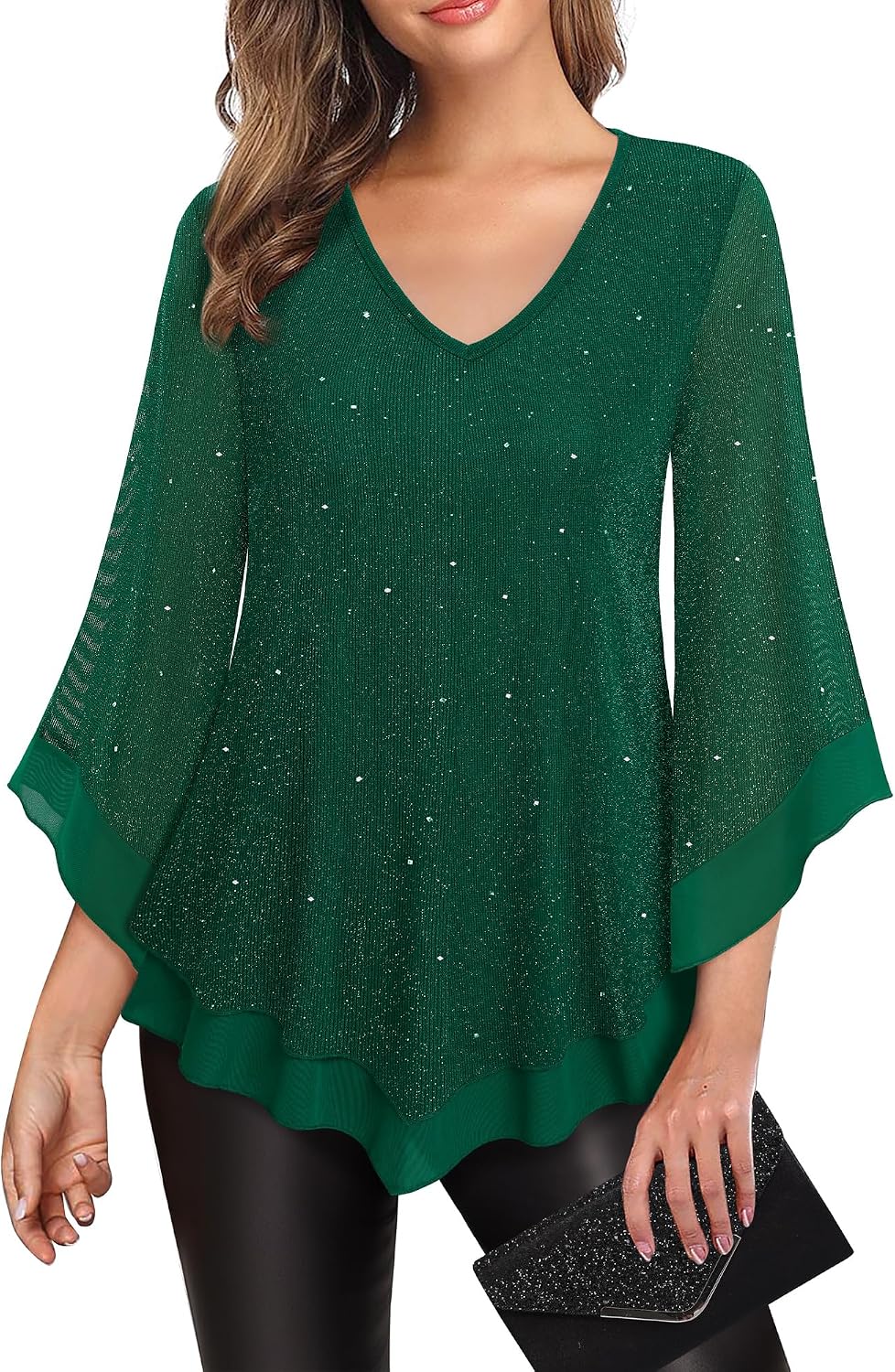 Double-Layer Mesh Blouse with Ruffled Flared Sleeves
