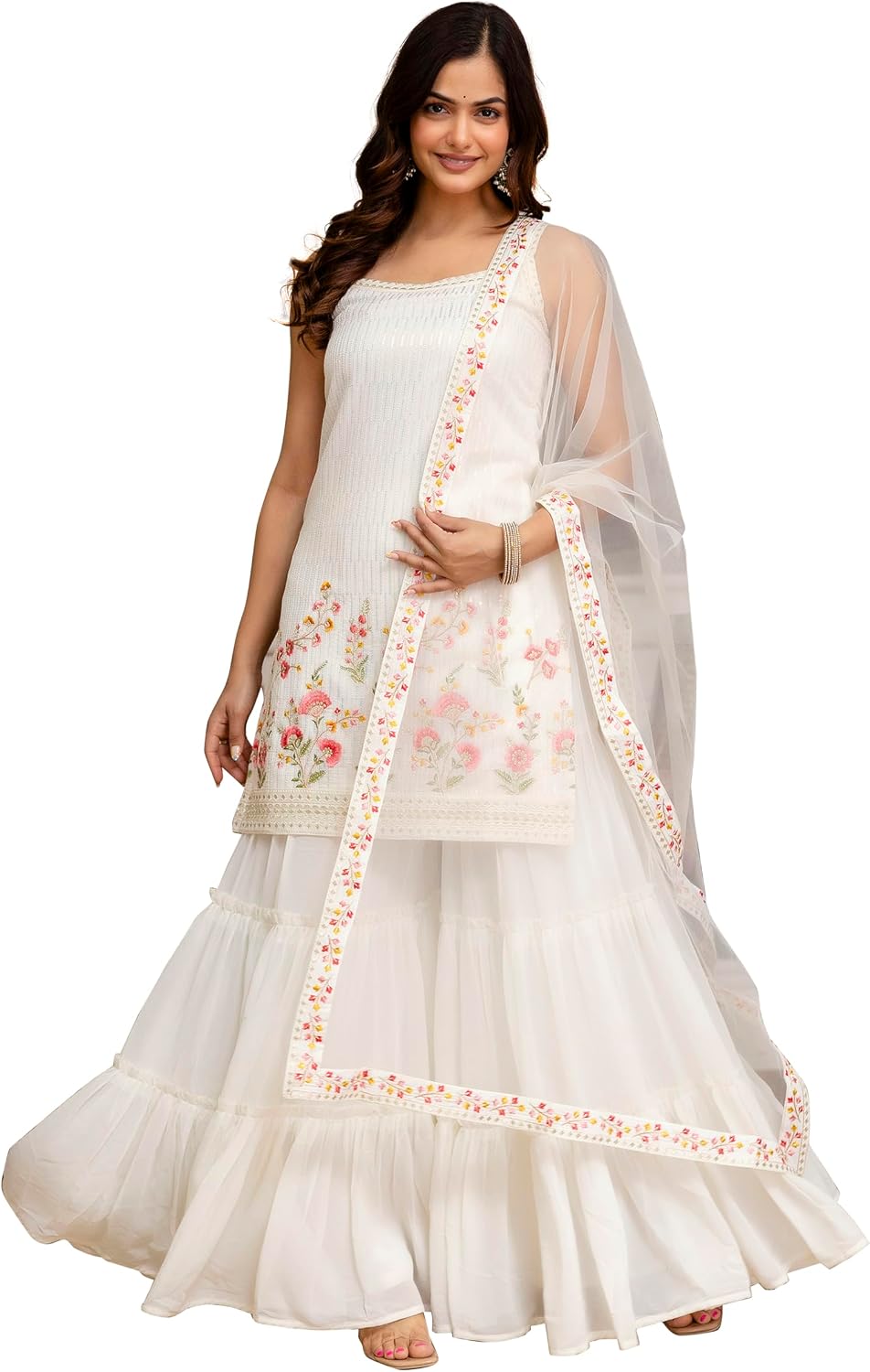 Georgette Sequence-Work Kurta and Sharara Set with Dupatta