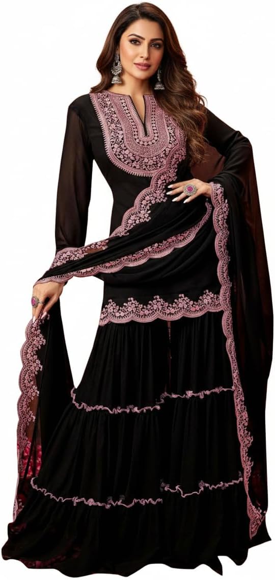 Georgette Sequence-Work Kurta and Sharara Set with Dupatta